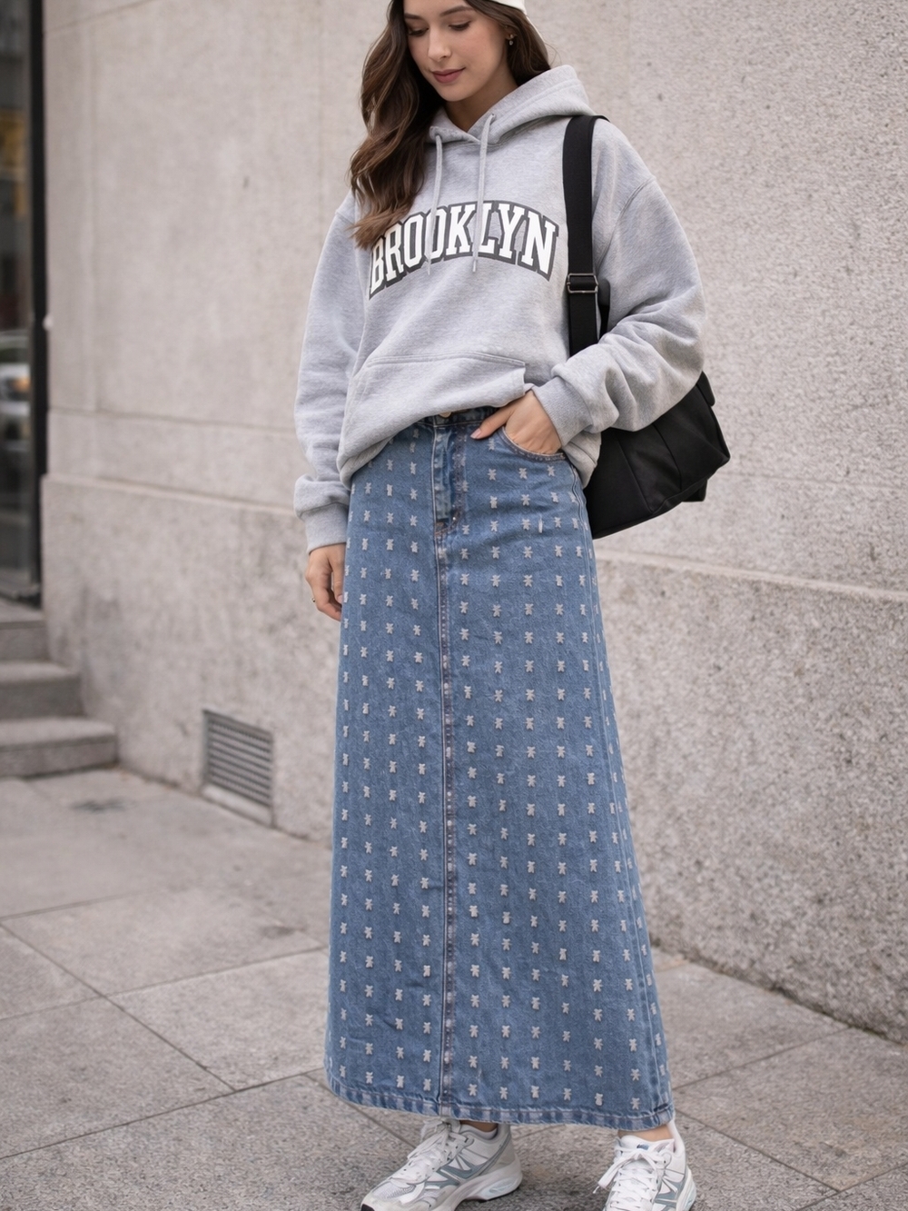 Denim Maxi Skirt with Subtle Star Print - Blue